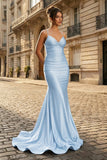 Mermaid Spaghetti Straps Blue Satin Long Prom Dress with Criss Cross Back