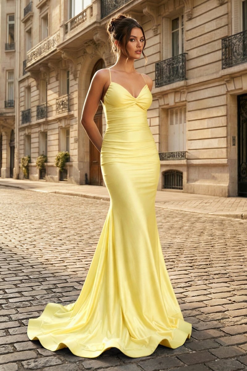 Mermaid Spaghetti Straps Blue Satin Long Prom Dress with Criss Cross Back