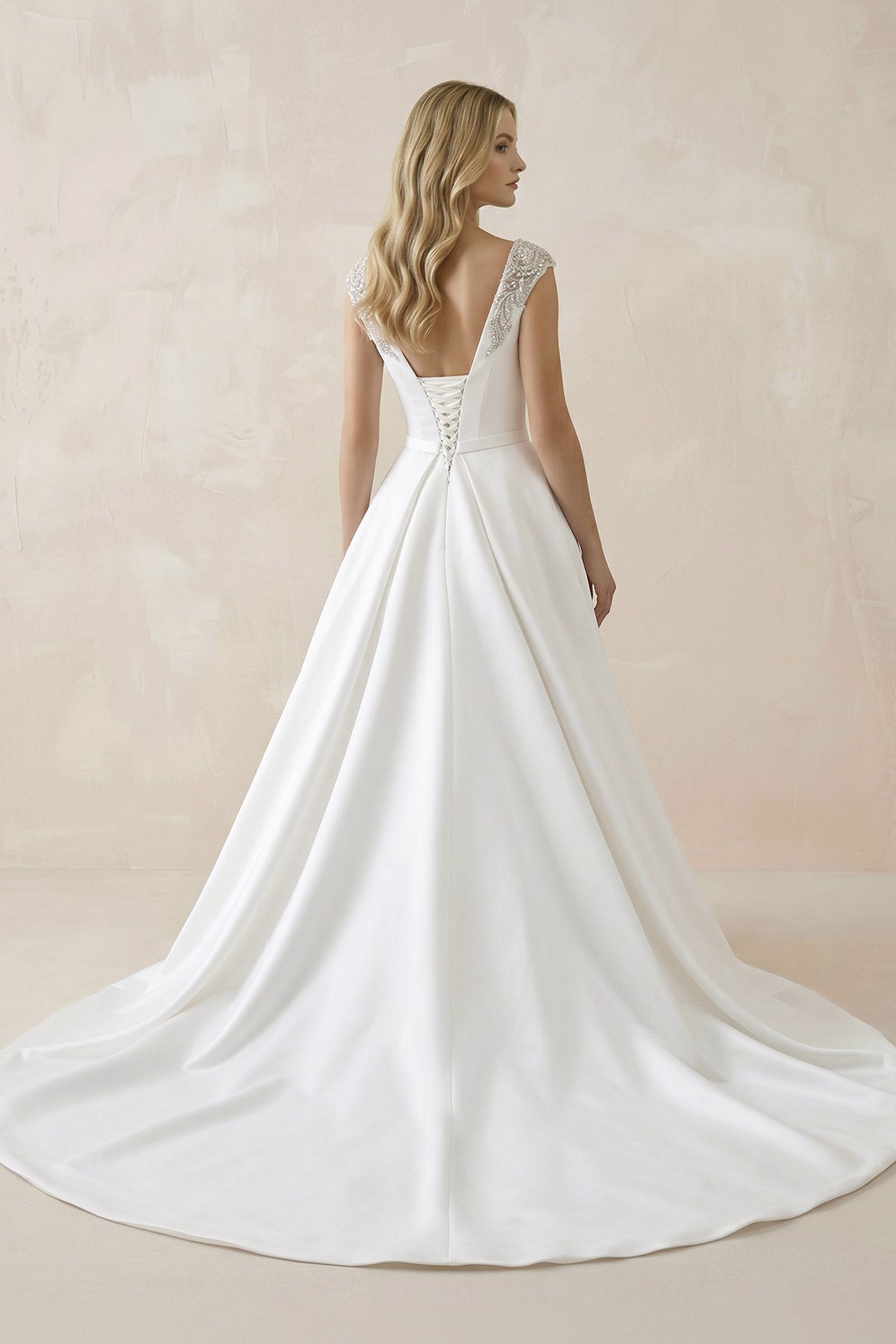 White Satin Cap Sleeve Lace-Up Wedding Dress With Pearls