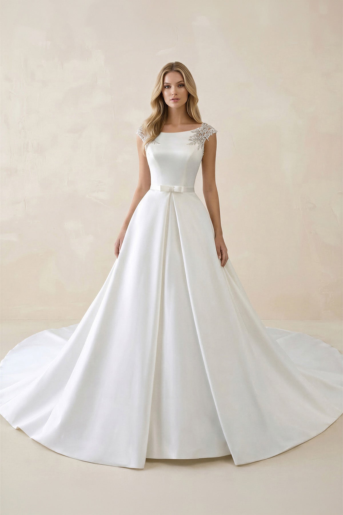 White Satin Cap Sleeve Lace-Up Wedding Dress With Pearls