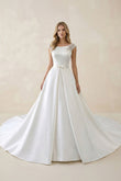 White Satin Cap Sleeve Lace-Up Wedding Dress With Pearls