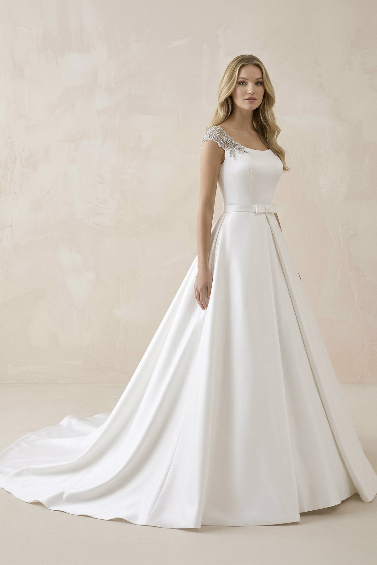 White Satin Cap Sleeve Lace-Up Wedding Dress With Pearls