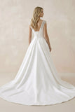 White Satin Cap Sleeve Lace-Up Wedding Dress With Pearls