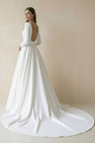 White Vintage A-Line Long Satin Bateau-Neck Wedding Dress