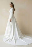 White Vintage A-Line Long Satin Bateau-Neck Wedding Dress