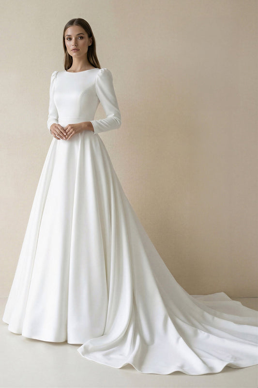 White Vintage A-Line Long Satin Bateau-Neck Wedding Dress