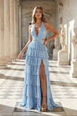 Sky Blue - A-Line Halter Satin Beaded Long Prom Dresses With Ruffles