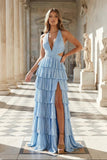 Sky Blue - A-Line Halter Satin Beaded Long Prom Dresses With Ruffles