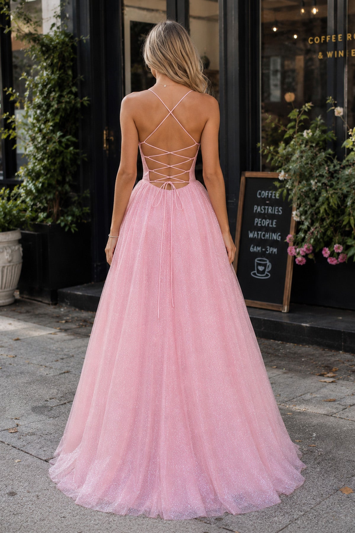 Pink Tulle Long Backless Prom Dress A-Line V Neck Party Dress