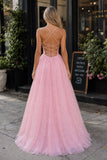 Pink Tulle Long Backless Prom Dress A-Line V Neck Party Dress