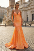 Mermaid Orange Spaghetti Straps Sequins Prom Dress