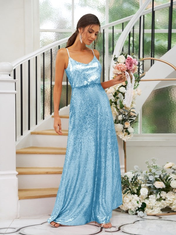 A-Line/Princess Sequins Ruched Straps Sleeveless Floor-Length Bridesmaid Dresses Evening Prom Dress
