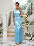Sheath/Column Sequins Ruched Scoop Short Sleeves Floor-Length Bridesmaid Dresses Evening Dress