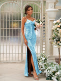 Sheath/Column Sequins Ruched Spaghetti Straps Sleeveless Floor-Length Bridesmaid Dresses Evening Dress