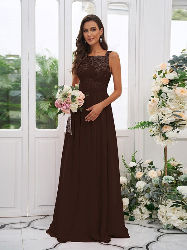 A-Line/Princess Chiffon Applique Square Sleeveless Floor-Length Bridesmaid Dresses Evening Dress