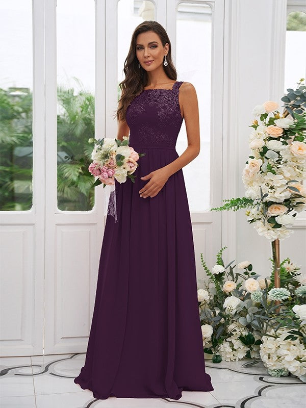 A-Line/Princess Chiffon Applique Square Sleeveless Floor-Length Bridesmaid Dresses Evening Dress