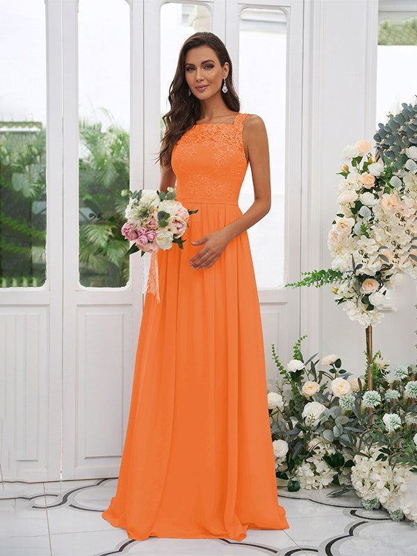 A-Line/Princess Chiffon Applique Square Sleeveless Floor-Length Bridesmaid Dresses Evening Dress