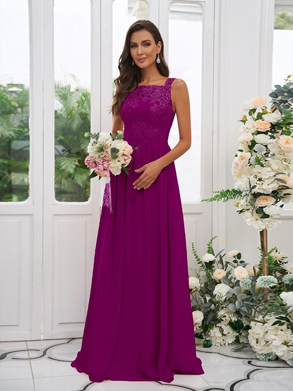 A-Line/Princess Chiffon Applique Square Sleeveless Floor-Length Bridesmaid Dresses Evening Dress