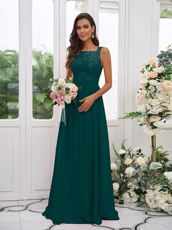 A-Line/Princess Chiffon Applique Square Sleeveless Floor-Length Bridesmaid Dresses Evening Dress