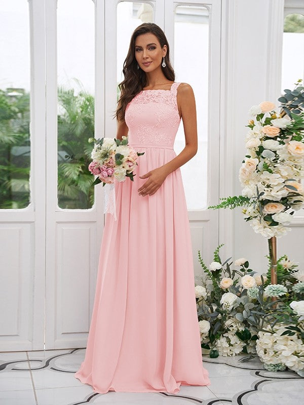 A-Line/Princess Chiffon Applique Square Sleeveless Floor-Length Bridesmaid Dresses Evening Dress