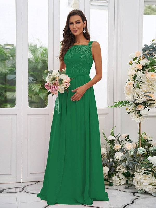 A-Line/Princess Chiffon Applique Square Sleeveless Floor-Length Bridesmaid Dresses Evening Dress