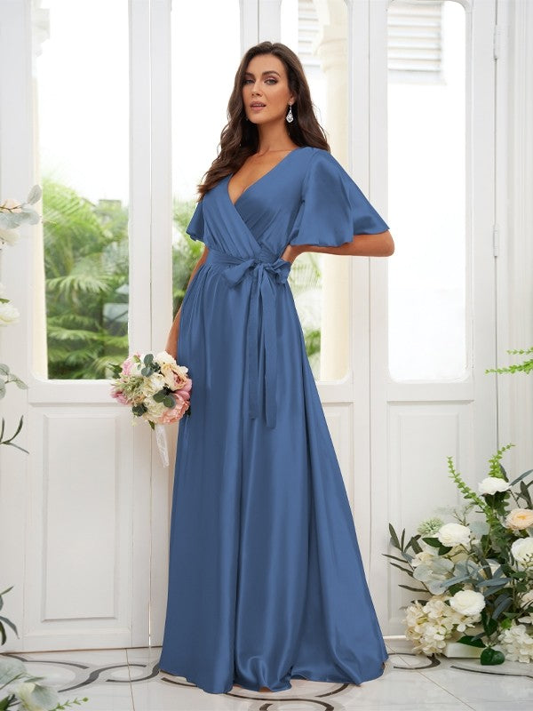 A-Line/Princess Silk like Satin Sash/Ribbon/Belt V-neck Short Sleeves Floor-Length Bridesmaid Dresses Evening Dress