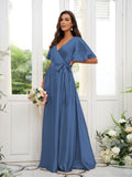 A-Line/Princess Silk like Satin Sash/Ribbon/Belt V-neck Short Sleeves Floor-Length Bridesmaid Dresses Evening Dress