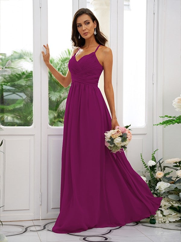 A-Line/Princess Chiffon Ruched V-neck Sleeveless Floor-Length Bridesmaid Dresses Evening Dress
