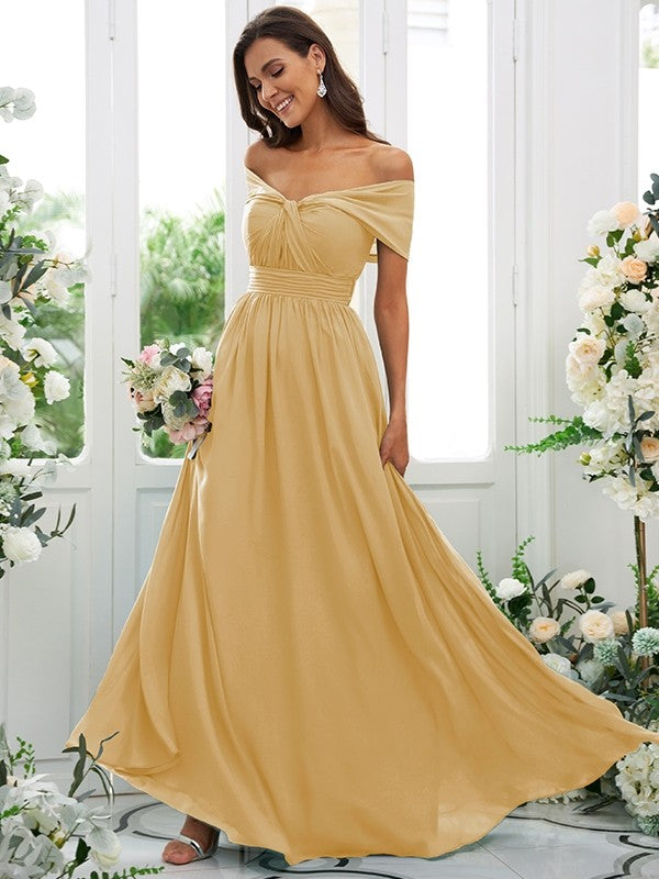 A-Line/Princess Chiffon Ruched Off-the-Shoulder Sleeveless Floor-Length Bridesmaid Dresses Evening Prom Dress