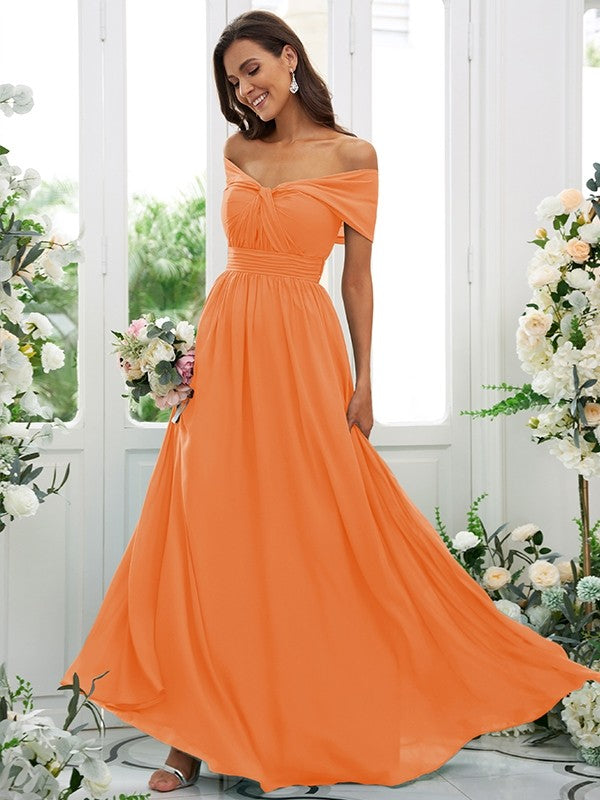 A-Line/Princess Chiffon Ruched Off-the-Shoulder Sleeveless Floor-Length Bridesmaid Dresses Evening Prom Dress