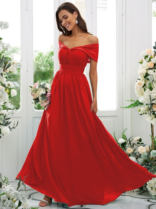 A-Line/Princess Chiffon Ruched Off-the-Shoulder Sleeveless Floor-Length Bridesmaid Dresses Evening Prom Dress