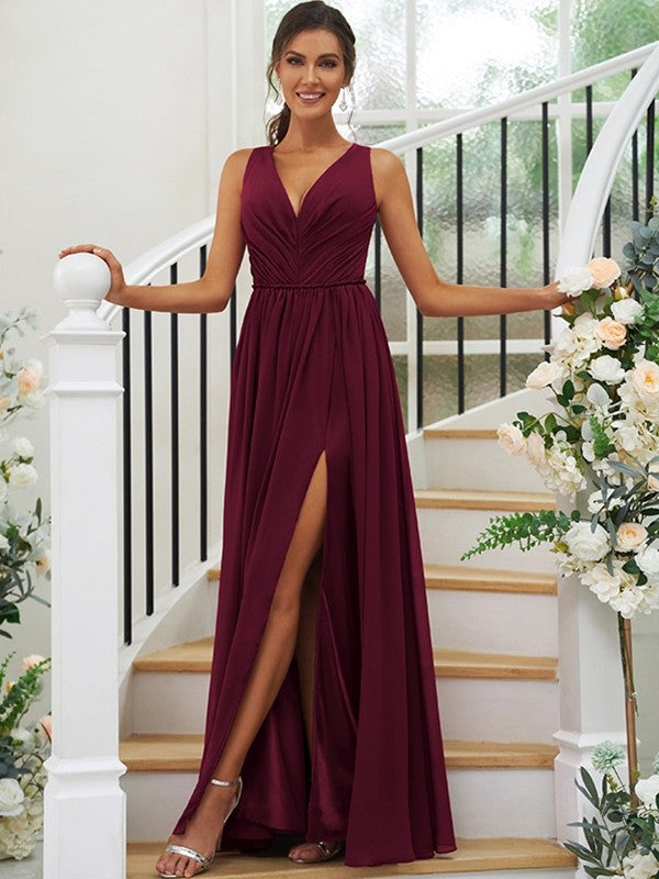 A-Line/Princess Chiffon Ruffles V-neck Sleeveless Floor-Length Bridesmaid Dresses Evening Dress
