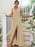 A-Line/Princess Chiffon Ruffles V-neck Sleeveless Floor-Length Bridesmaid Dresses Evening Dress