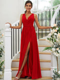 A-Line/Princess Chiffon Ruffles V-neck Sleeveless Floor-Length Bridesmaid Dresses Evening Dress