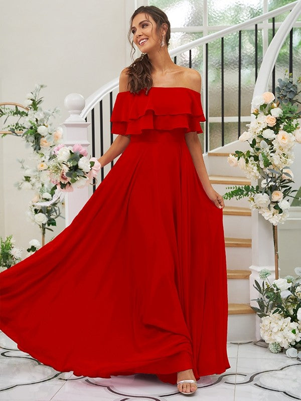 A-Line/Princess Chiffon Ruffles Off-the-Shoulder Sleeveless Floor-Length Bridesmaid Dresses Prom Dress