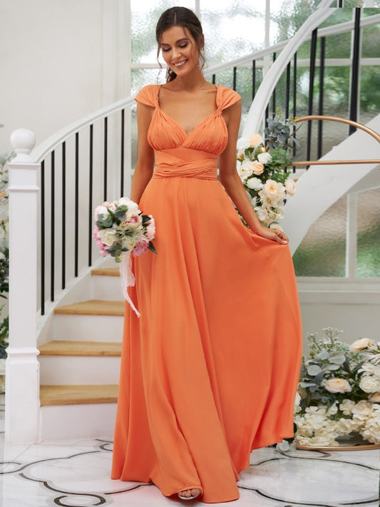 A-Line/Princess Jersey Ruched V-neck Sleeveless Floor-Length Bridesmaid Dresses Evening Dress
