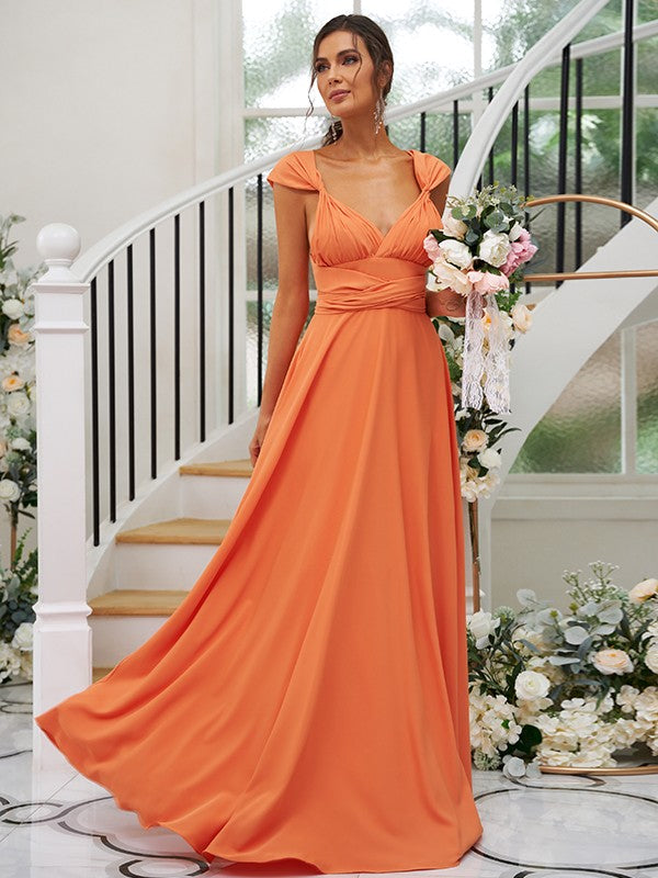 A-Line/Princess Jersey Ruched V-neck Sleeveless Floor-Length Bridesmaid Dresses Evening Dress