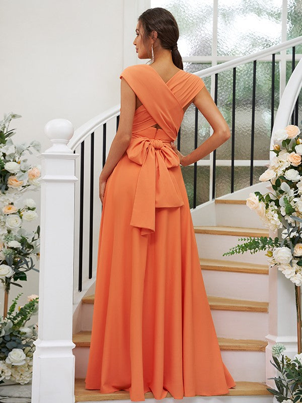 A-Line/Princess Jersey Ruched V-neck Sleeveless Floor-Length Bridesmaid Dresses Evening Dress