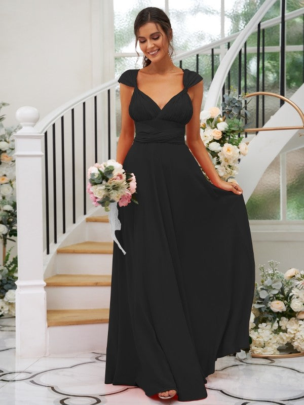 A-Line/Princess Jersey Ruched V-neck Sleeveless Floor-Length Bridesmaid Dresses Evening Dress