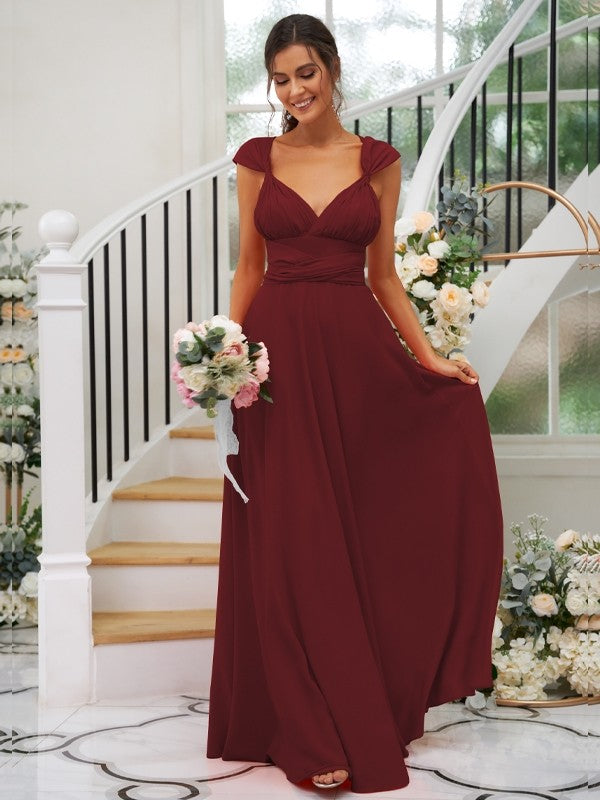 A-Line/Princess Jersey Ruched V-neck Sleeveless Floor-Length Bridesmaid Dresses Evening Dress
