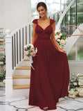 A-Line/Princess Jersey Ruched V-neck Sleeveless Floor-Length Bridesmaid Dresses Evening Dress