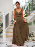 A-Line/Princess Jersey Ruched V-neck Sleeveless Floor-Length Bridesmaid Dresses Evening Dress