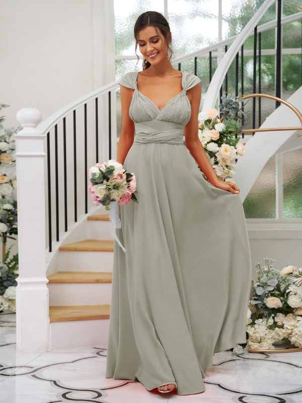 A-Line/Princess Jersey Ruched V-neck Sleeveless Floor-Length Bridesmaid Dresses Evening Dress