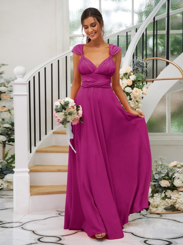 A-Line/Princess Jersey Ruched V-neck Sleeveless Floor-Length Bridesmaid Dresses Evening Dress