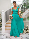 A-Line/Princess Jersey Ruched V-neck Sleeveless Floor-Length Bridesmaid Dresses Evening Dress