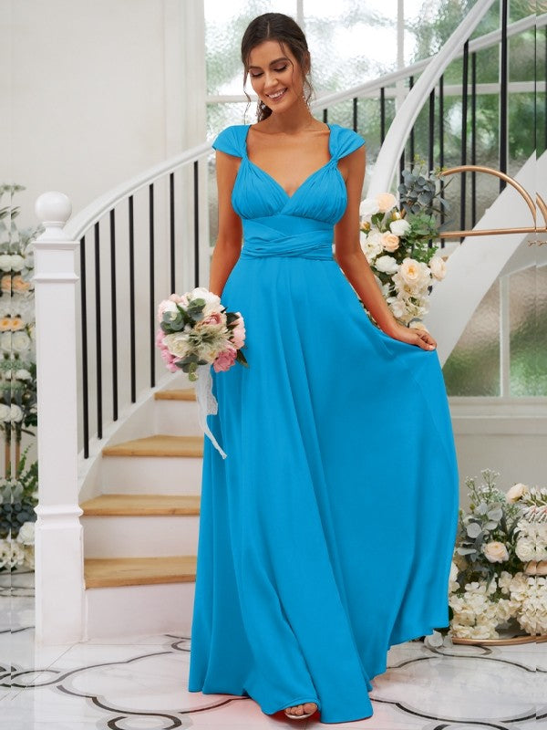 A-Line/Princess Jersey Ruched V-neck Sleeveless Floor-Length Bridesmaid Dresses Evening Dress
