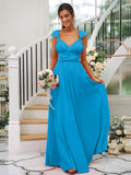 A-Line/Princess Jersey Ruched V-neck Sleeveless Floor-Length Bridesmaid Dresses Evening Dress