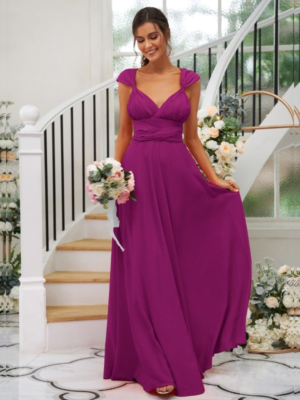A-Line/Princess Jersey Ruched V-neck Sleeveless Floor-Length Bridesmaid Dresses Evening Dress