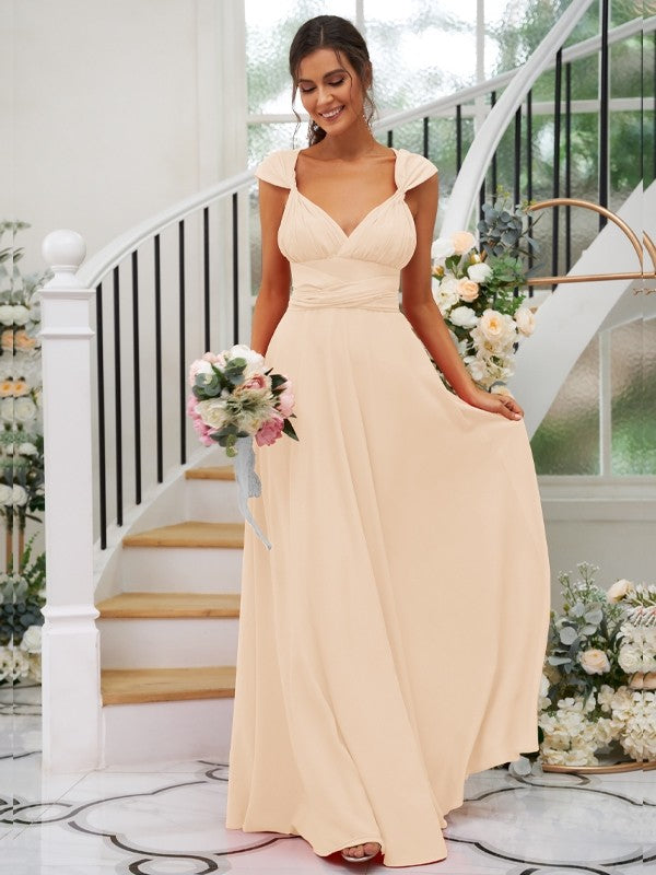 A-Line/Princess Jersey Ruched V-neck Sleeveless Floor-Length Bridesmaid Dresses Evening Dress