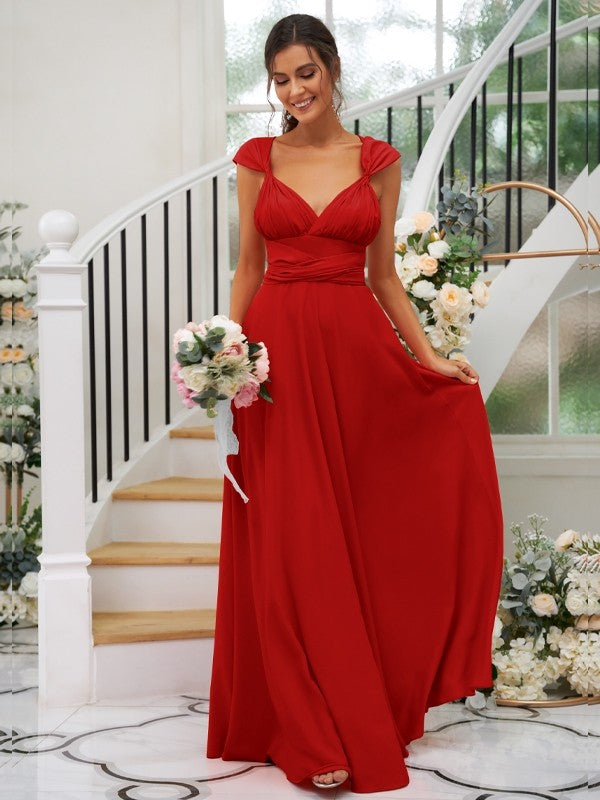 A-Line/Princess Jersey Ruched V-neck Sleeveless Floor-Length Bridesmaid Dresses Evening Dress